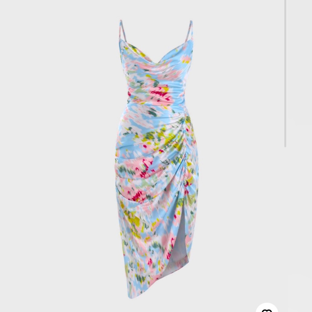 Illusion Floral Ruched Cowl Neck Midi Dress